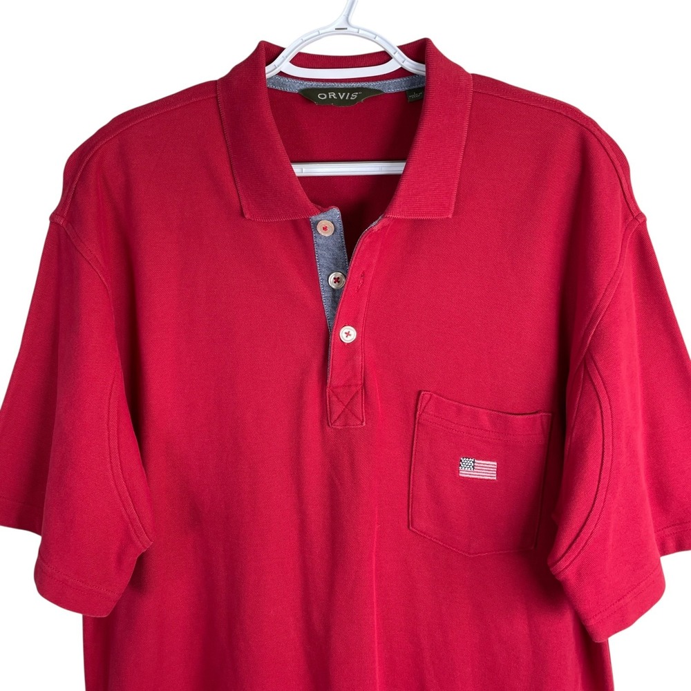 Vintage Orvis USA Flag Embroidered Polo Shirt Mens L Red S/S Cotton read